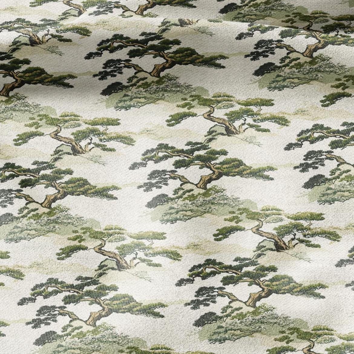 100% LINEN Fabric Japanese BONSAI print - Japan scenery 2265