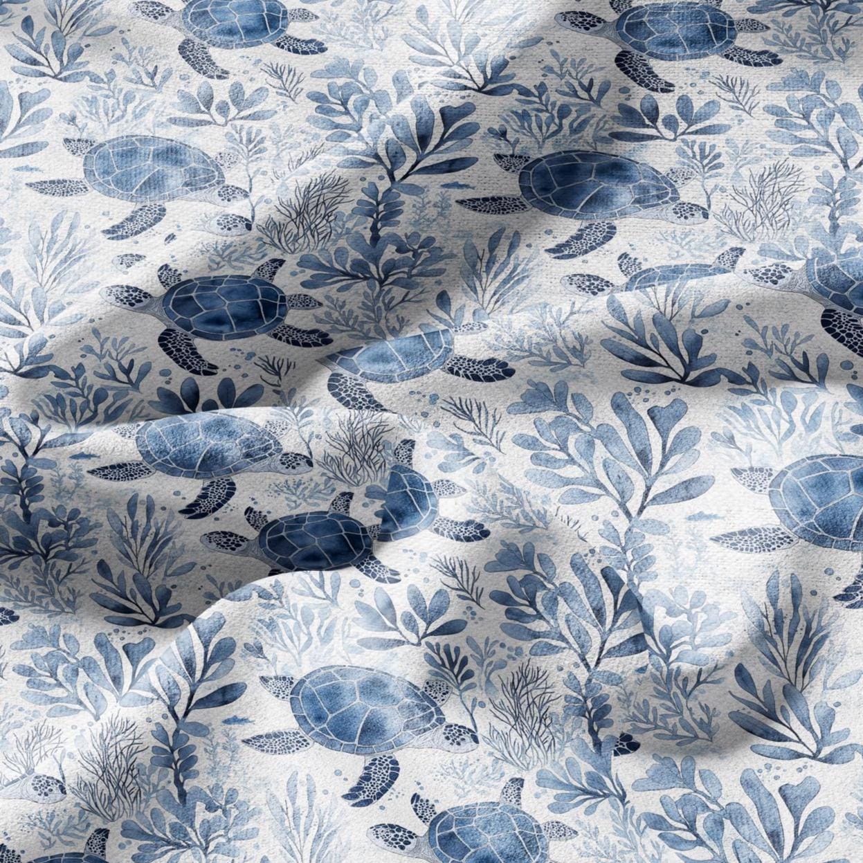 100% LINEN Fabric Toile de Jouy TURTLE in the see - Nautical 2270