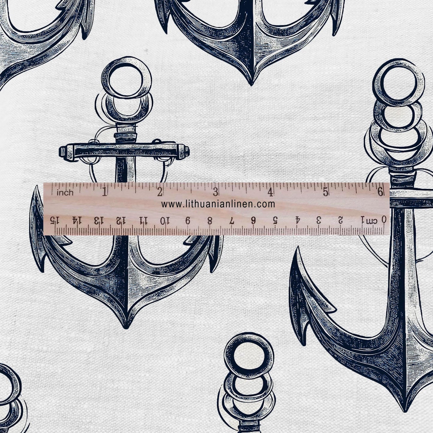 Anchor print on 100% LINEN fabric - white black 2292