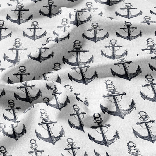 Anchor print on 100% LINEN fabric - white black 2292