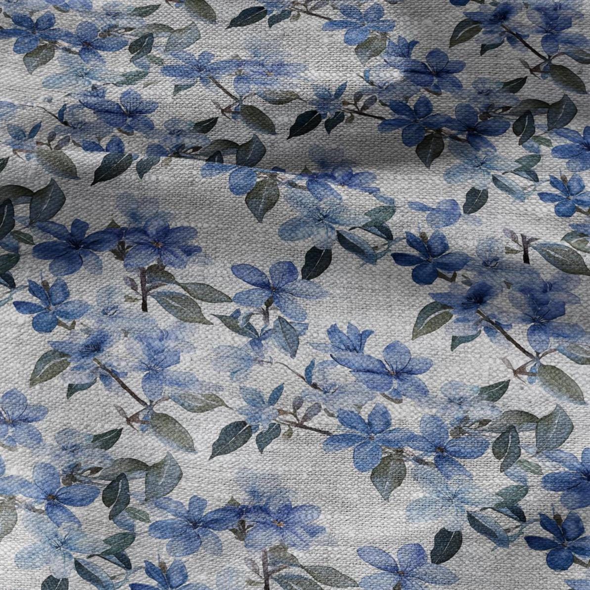 100% LINEN Fabric floral blue blossom print on oatmeal linen 2507