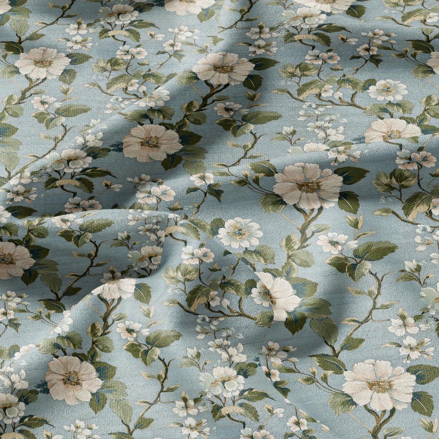100% LINEN Fabric Apple Blossom print - blue white 2503