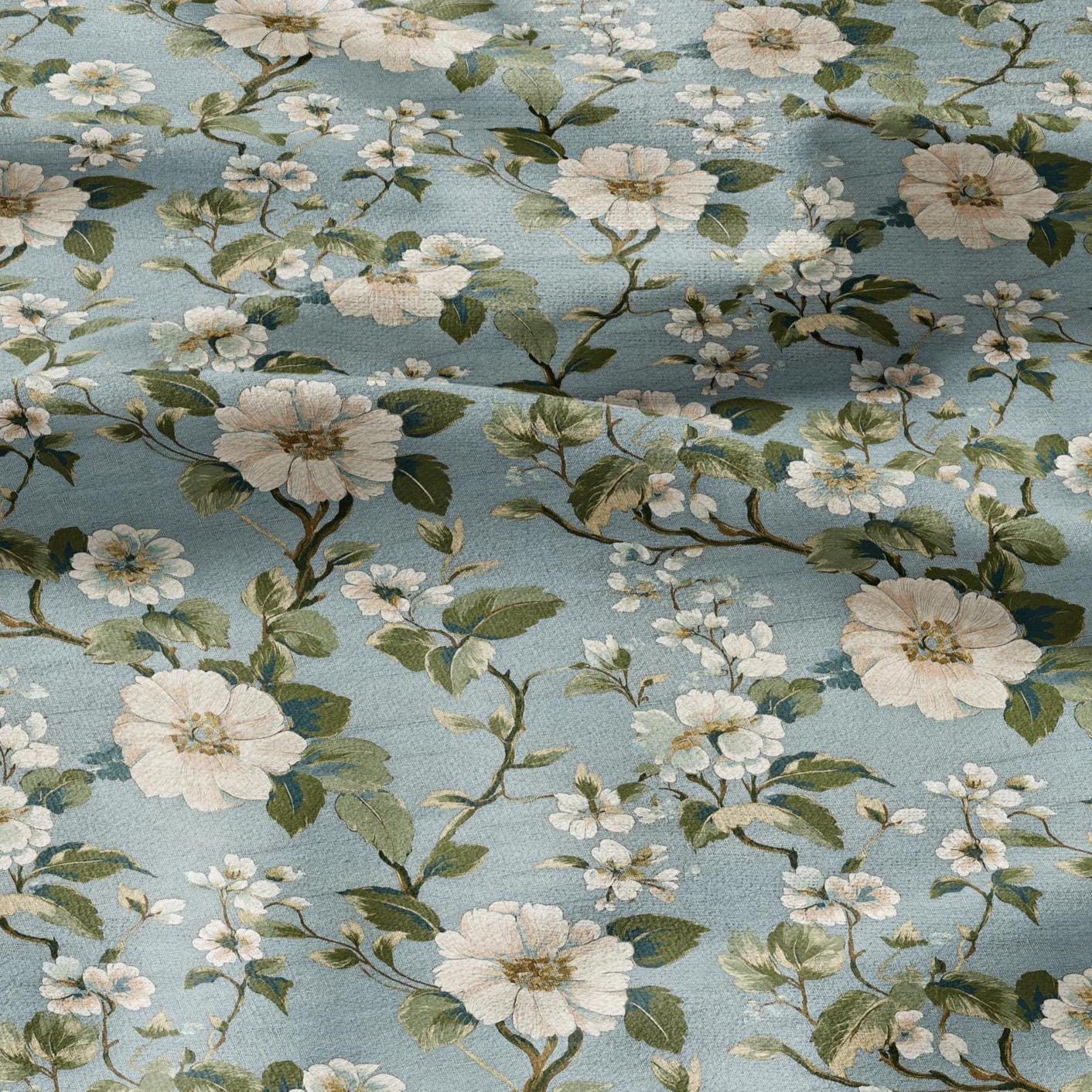 100% LINEN Fabric Apple Blossom print - blue white 2503