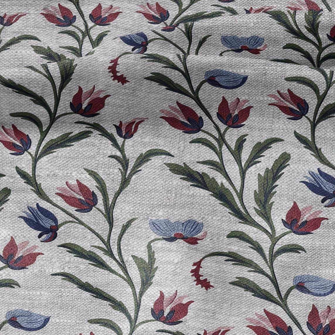 100% LINEN Fabric tulips blossom print on oatmeal linen - 2505