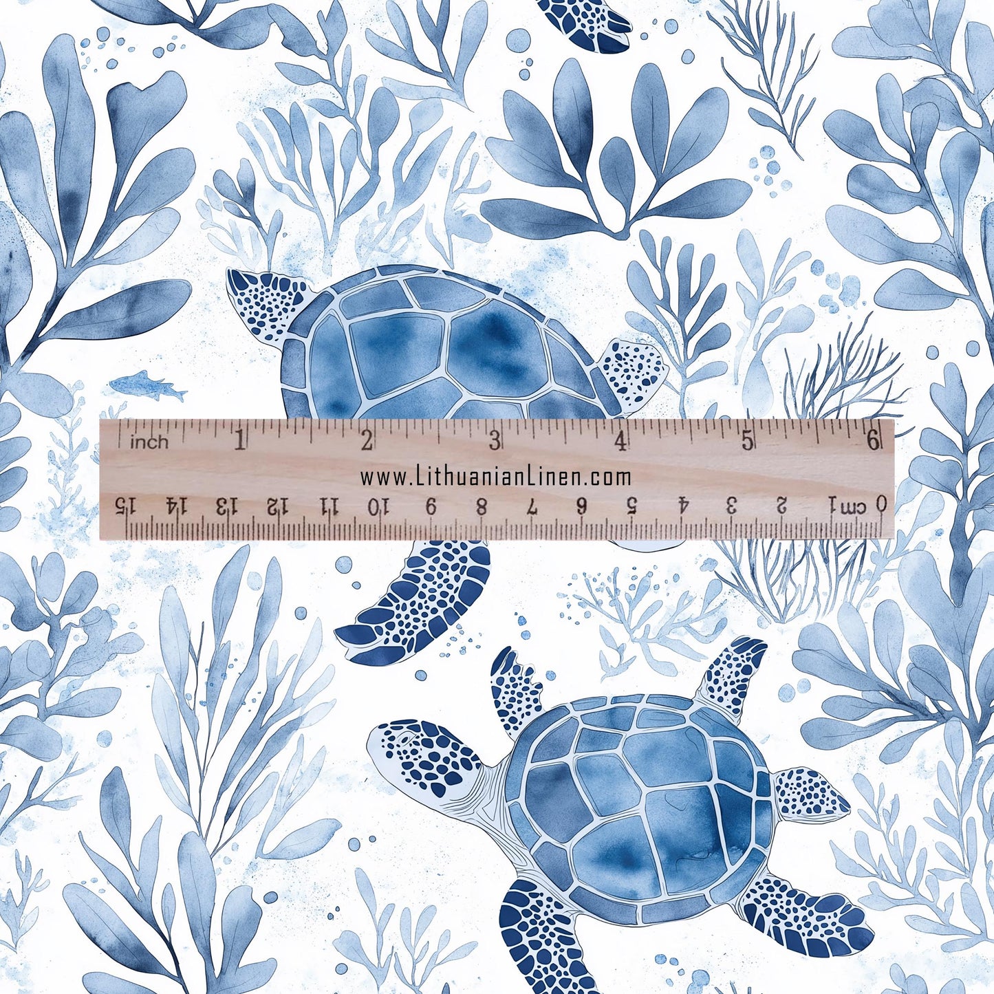 100% LINEN Fabric Toile de Jouy TURTLE in the see - Nautical 2270