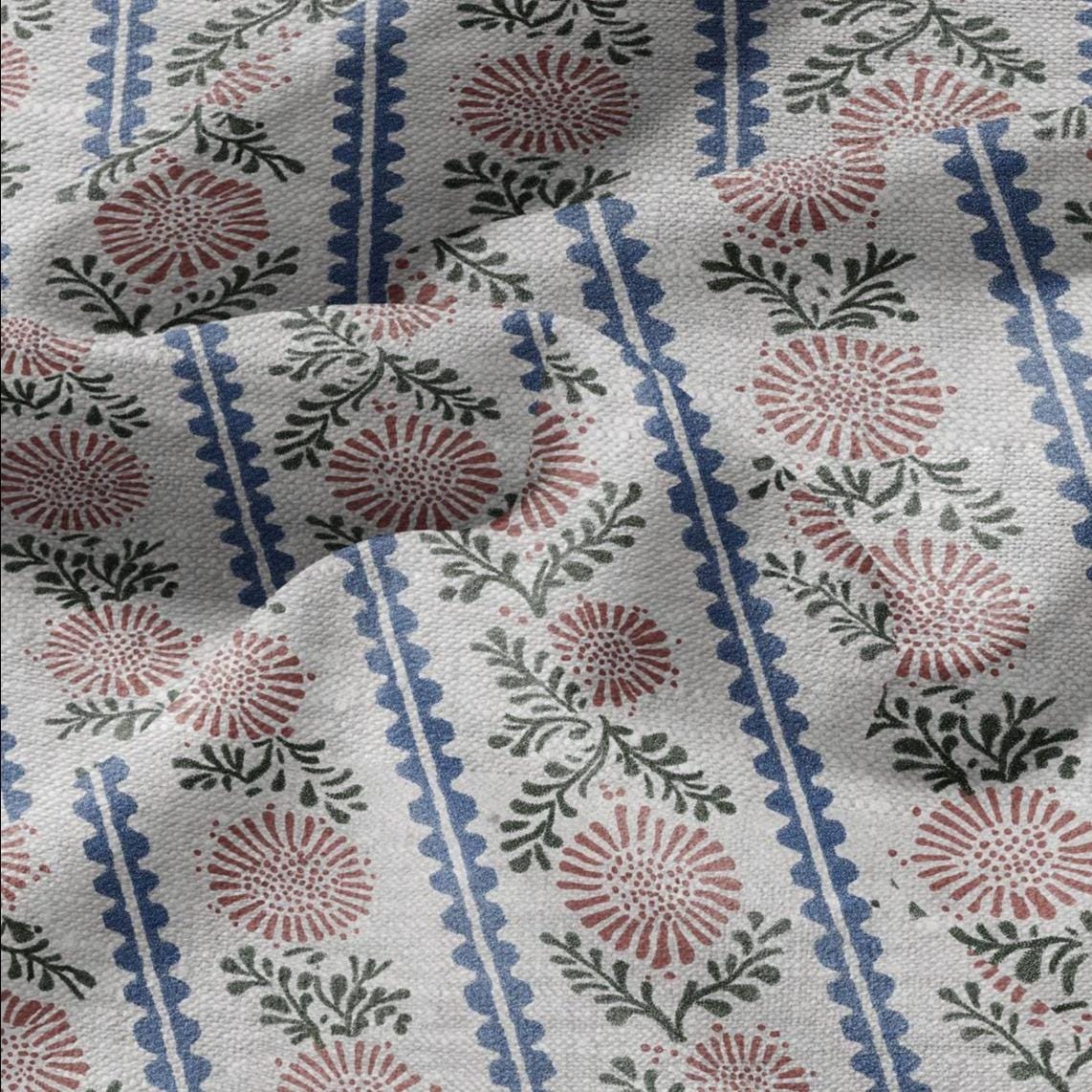 100% LINEN Fabric print Stripe floral pink green blue- oatmeal linen fabric with floral print - heavy for home decor clothing 3102
