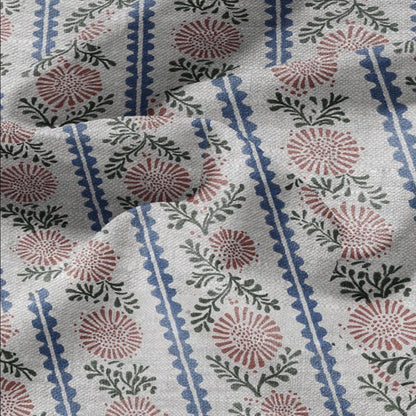 100% LINEN Fabric print Stripe floral pink green blue- oatmeal linen fabric with floral print - heavy for home decor clothing 3102
