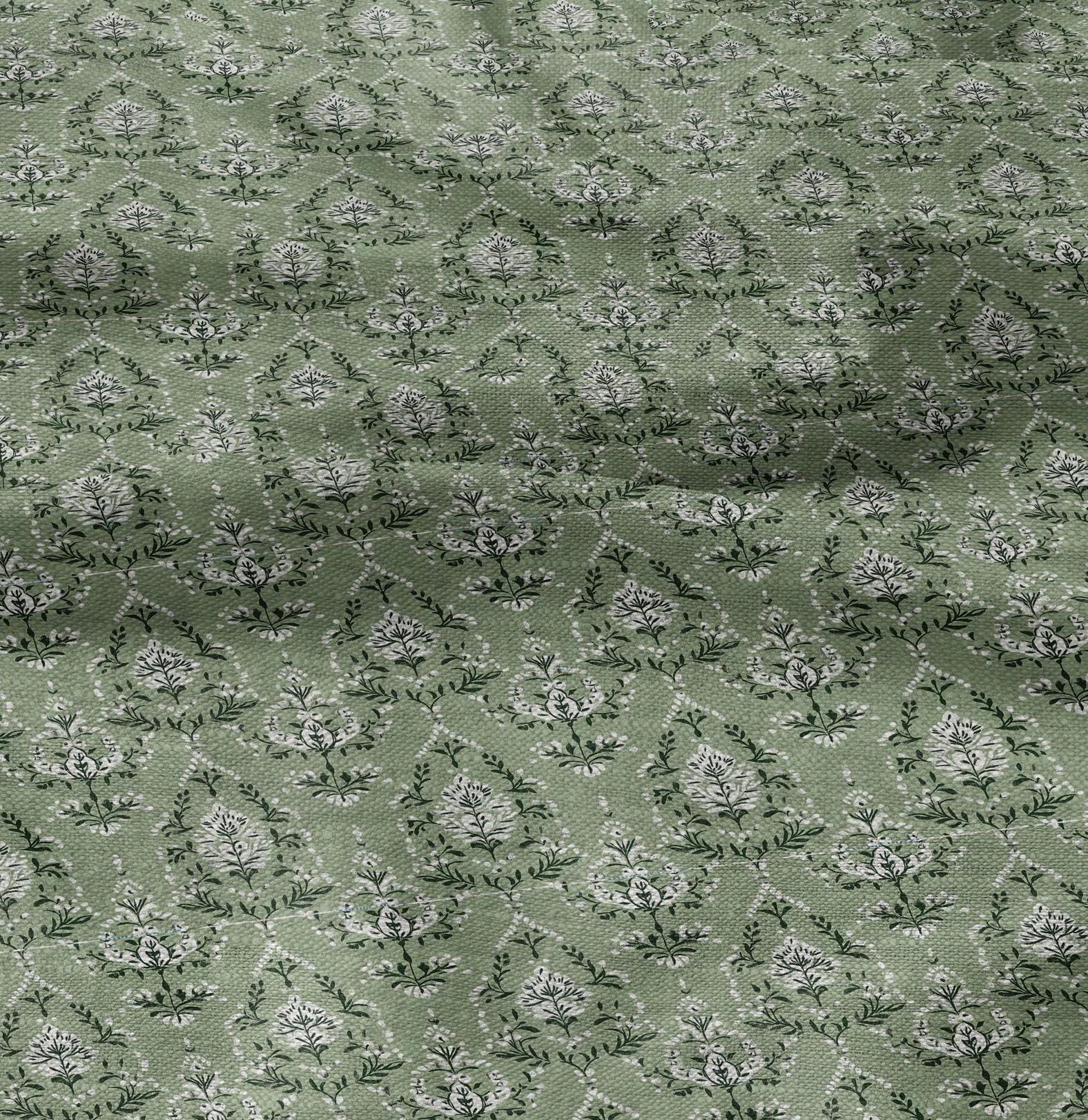 100% LINEN Fabric in floral block print - botanical green linen fabric for upholstery home decor curtains dress making pillowcases