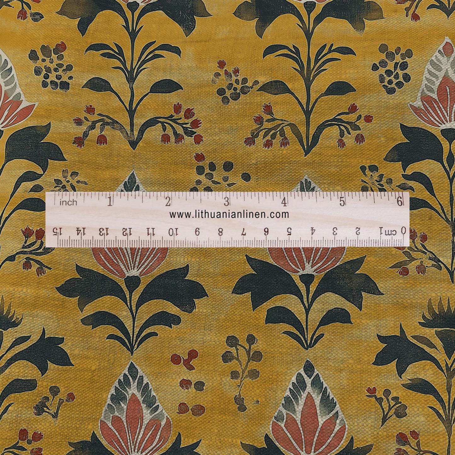 100% LINEN Fabric block print in mustard yellow - linen fabric with mustard floral print - linen fabric upholstery home decor dressmaking