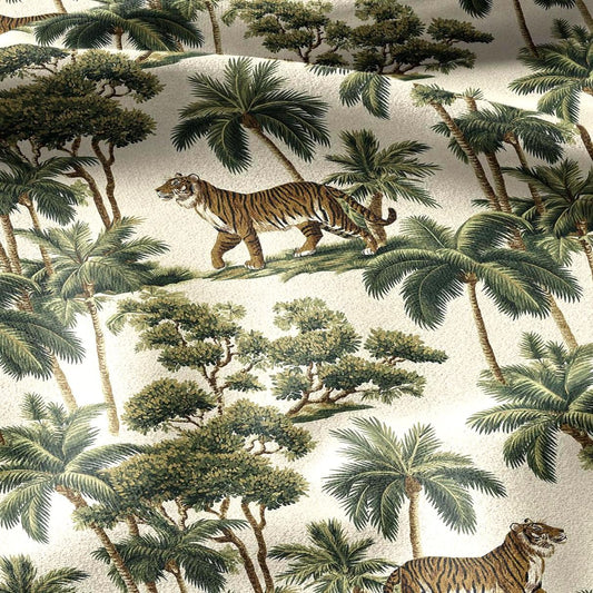 100% linen fabric Palm tree forest with tigers green print - Vintage floral botanical - Historical pattern upholstery dress making 3353