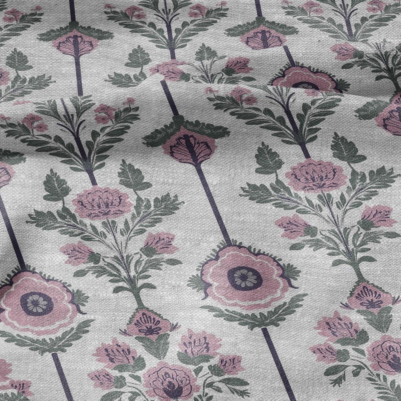 100% LINEN Fabric preppy pink stripes - floral geometric print on oatmeal linen for home decor sewign dress clothing 2861