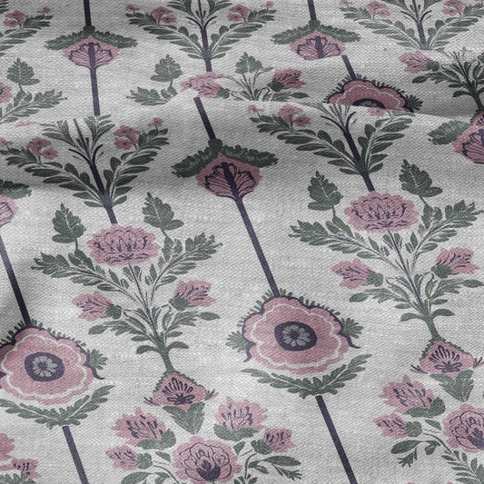 100% LINEN Fabric preppy pink stripes - floral geometric print on oatmeal linen for home decor sewign dress clothing 2861