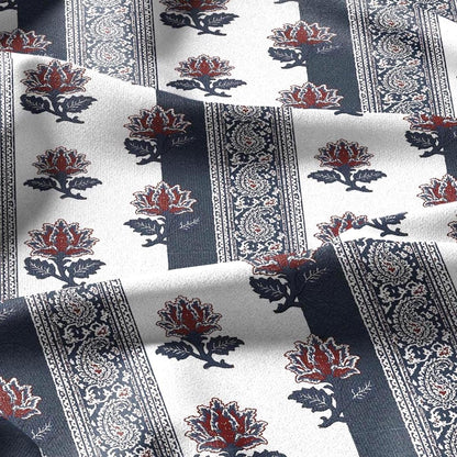 100% linen fabric blue white paisley stripe print - Vintage floral botanical modern Victorian 3421