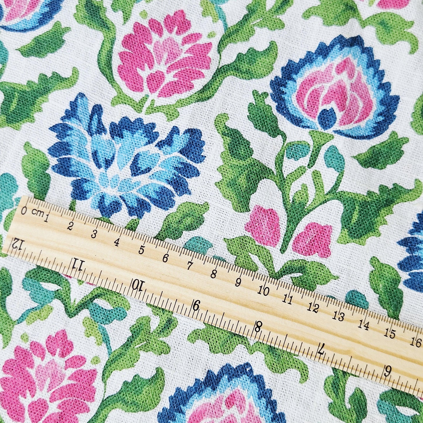 100% LINEN Fabric floral print on linen - Bright Botanical fabric large flowers pink blue green for upholstery curtains home textile 2646B