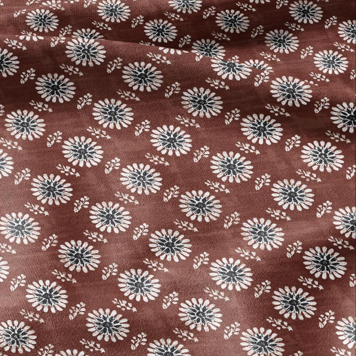100% LINEN Fabric floral print - muddy brown white stripe block print linen heavy for upholstery home decor - medium for dress making 2808