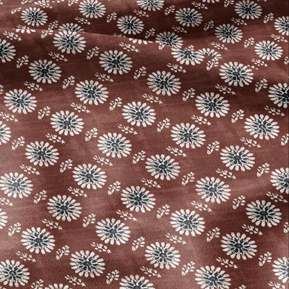 100% LINEN Fabric floral print - muddy brown white stripe block print linen heavy for upholstery home decor - medium for dress making 2808