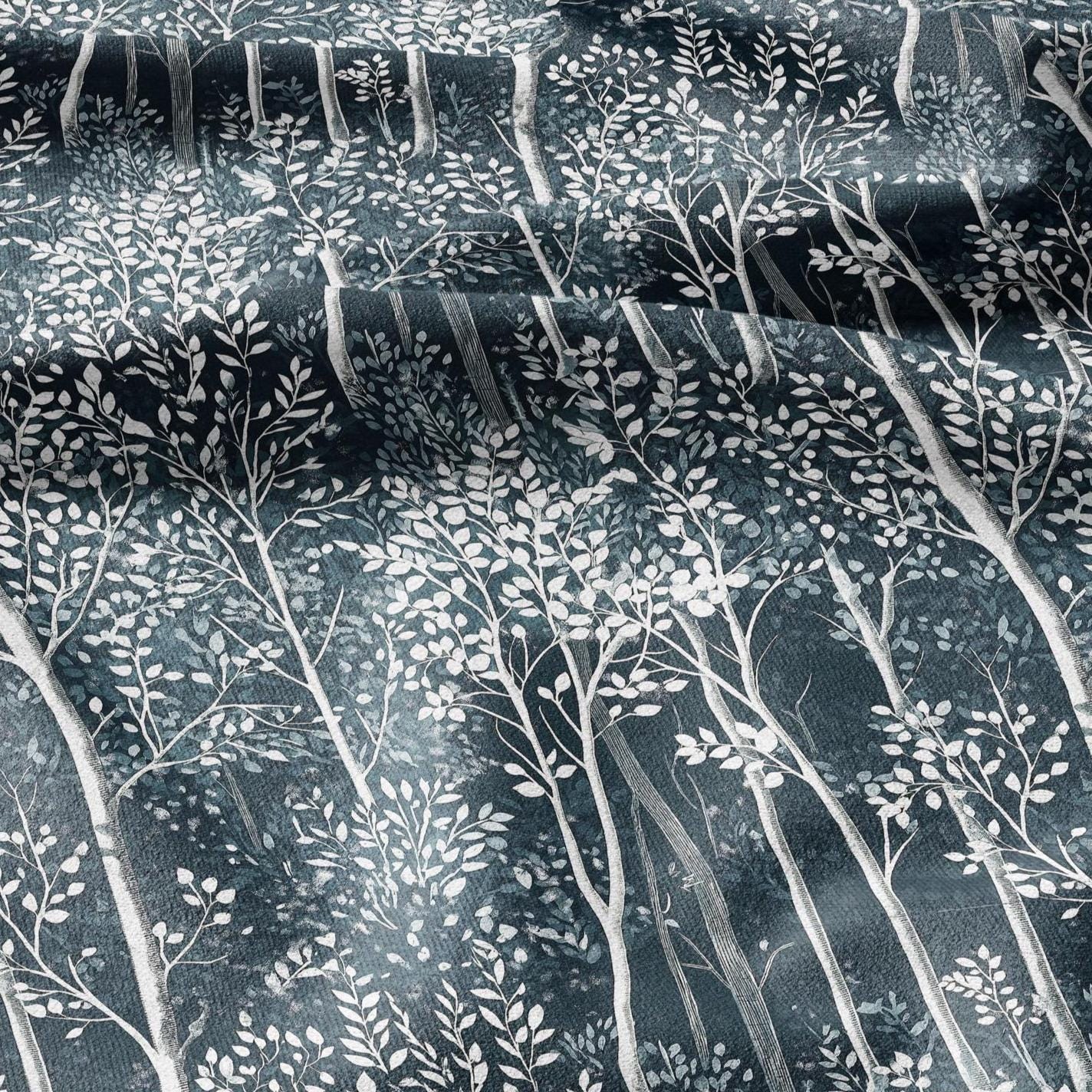 100% LINEN Fabric forest blue linen - tree print fabric for upholstery home decor dress making 2362