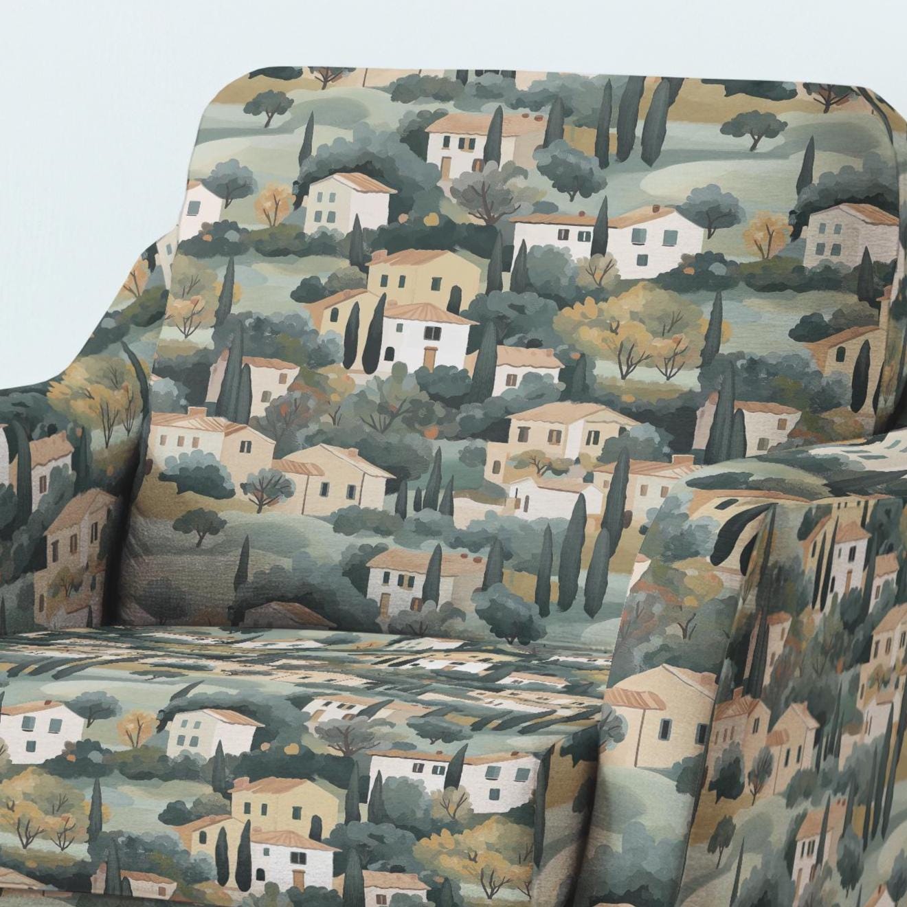 100% LINEN Fabric UPHOLSTERY 12oz - Tuscany houses print on linen - Italian scenery landscape - upholstery 2524
