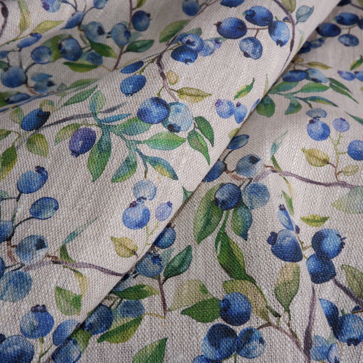 100% LINEN Fabric with BLUEBERRY field print - linen fabric berries print - Scandinavian linen fabric upholstery home decor dressmaking