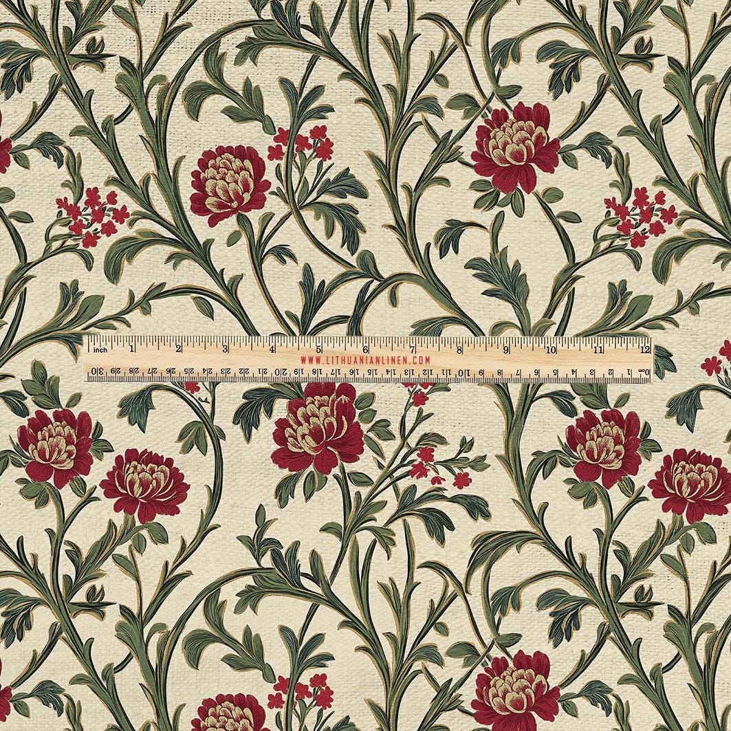 100% LINEN Fabric UPHOLSTERY 12oz - Benmore flower print on linen - Modern vintage pattern Beige red floral field 2062