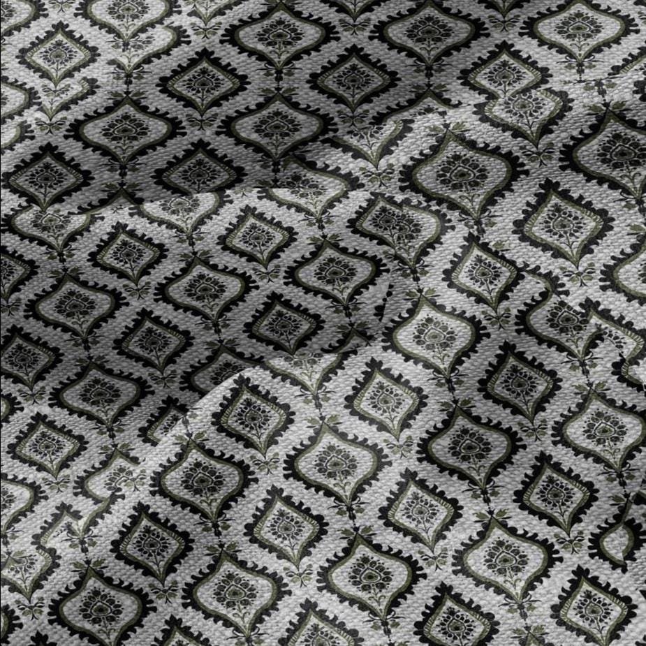 100% LINEN Fabric dark green block print - geometric modern vintage botanical 3418