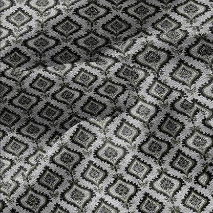 100% LINEN Fabric dark green block print - geometric modern vintage botanical 3418