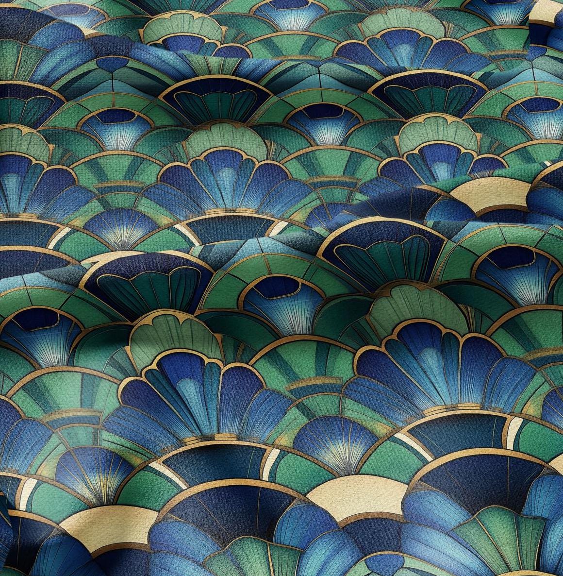 100% LINEN Fabric Art deco blue green - fan print linen Fabric LithuanianLinen for upholstery dressmaking curtains home textile Art Noveau