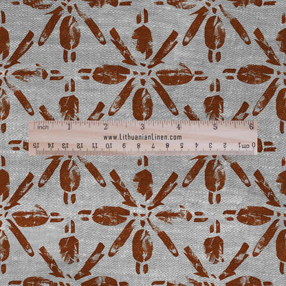 100% LINEN Fabric floral print - Grandmillennial brick red - Modern vintage flower block print upholstery curtains dress making 2928