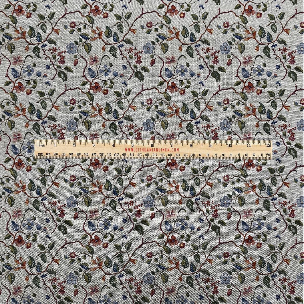 100% LINEN Fabric UPHOLSTERY 12oz - Large flower print on linen - Modern vintage pattern green brown red floral field 317
