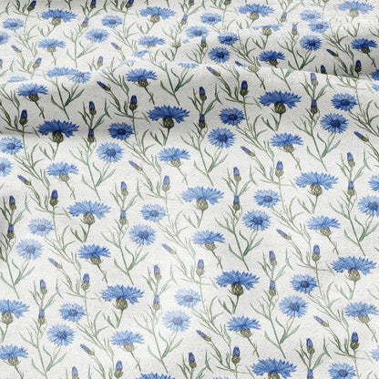 100% LINEN Fabric Block print Cornflower flower - floral upholstery home textile artisan fabrics blue green white 3039