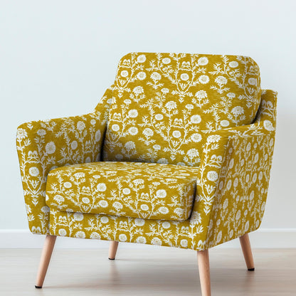 100% LINEN Fabric UPHOLSTERY 12oz - Mustard floral on linen - Modern vintage Grandmillenial  upholstery 2223