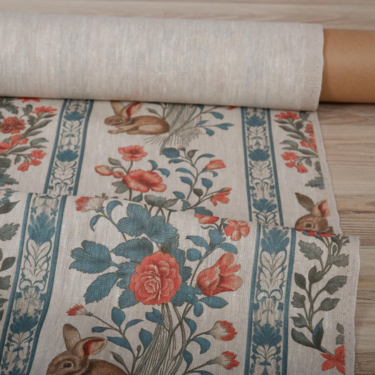 100% LINEN Fabric Rabbit Vintage stripe  -  bunny floral print on oatmeal linen for home decor sewing dress clothing 2708