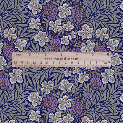 100% LINEN Fabric wine grapes purple from William Morris, Victorian fabric with blue floral print for upholstery home decor in Linen