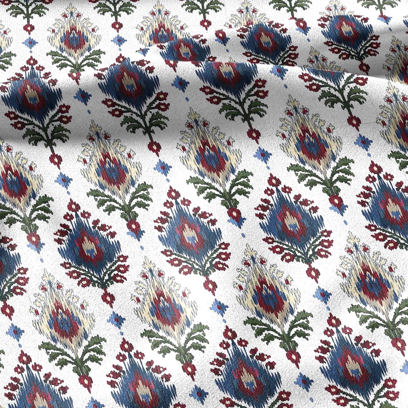 100% linen fabric Ikat red blue green white print - Vintage flower abstract  botanical - modern vintage 3407