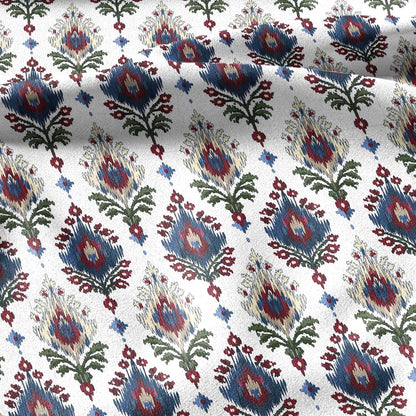 100% linen fabric Ikat red blue green white print - Vintage flower abstract  botanical - modern vintage 3407