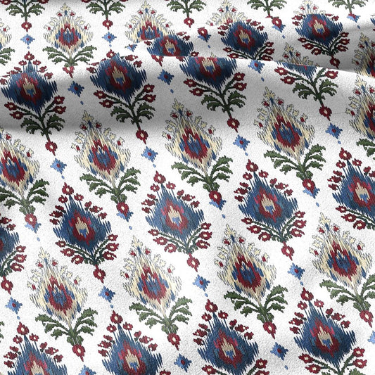100% linen fabric Ikat red blue green white print - Vintage flower abstract  botanical - modern vintage 3407