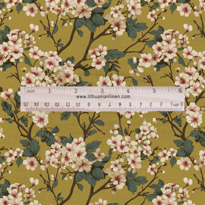 100% LINEN Fabric English flower print - mustard yellow beige floral print on white - heavy linen fabric for upholstery home decor 2612