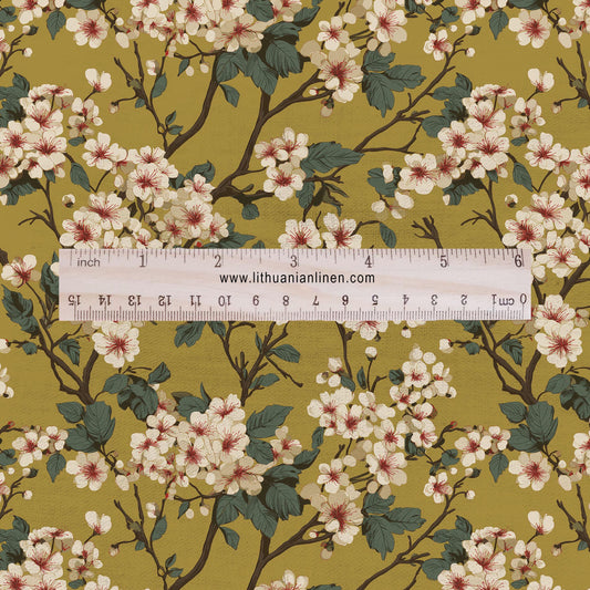 100% LINEN Fabric English flower print - mustard yellow beige floral print on white - heavy linen fabric for upholstery home decor 2612