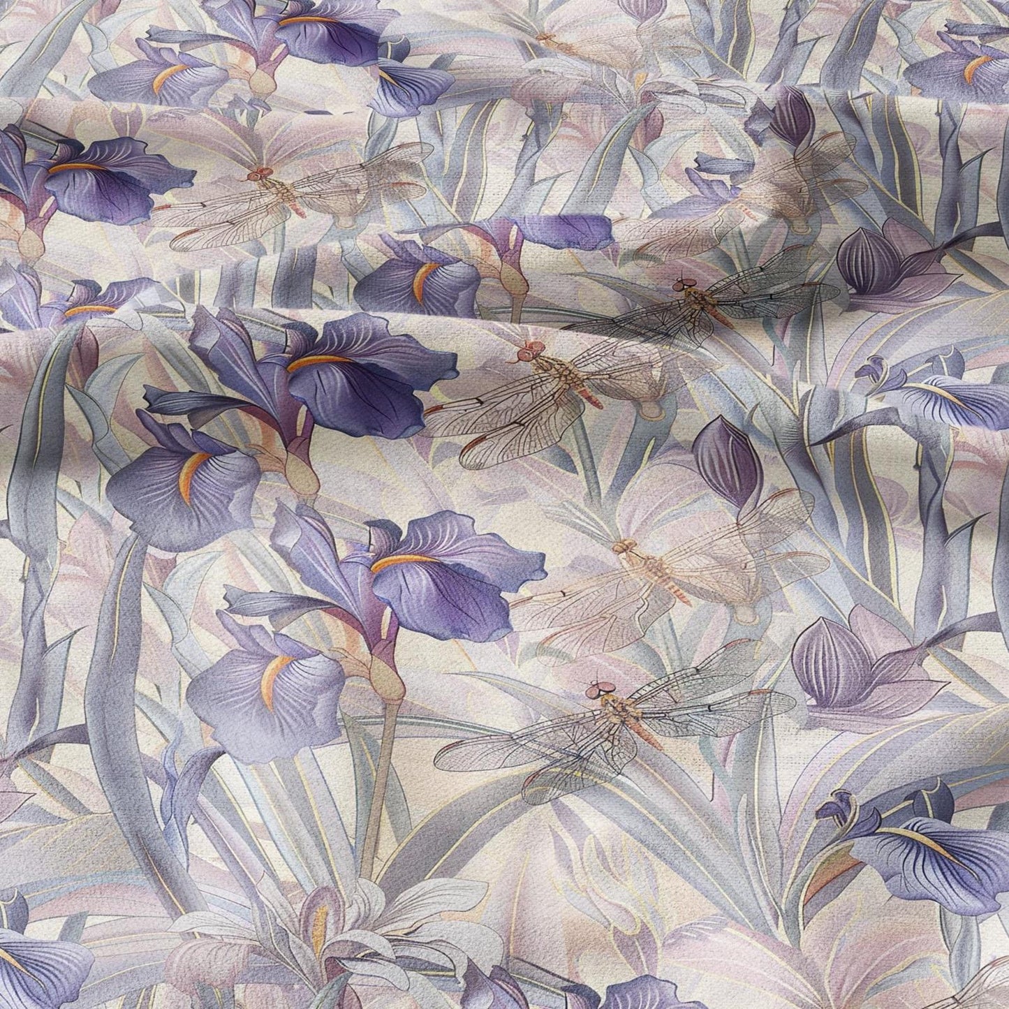 100% LINEN fabric pastel Iris dragonflies print - botanical linen Fabric for upholstery home textile dress making 2028