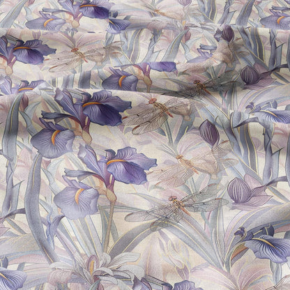 100% LINEN fabric pastel Iris dragonflies print - botanical linen Fabric for upholstery home textile dress making 2028