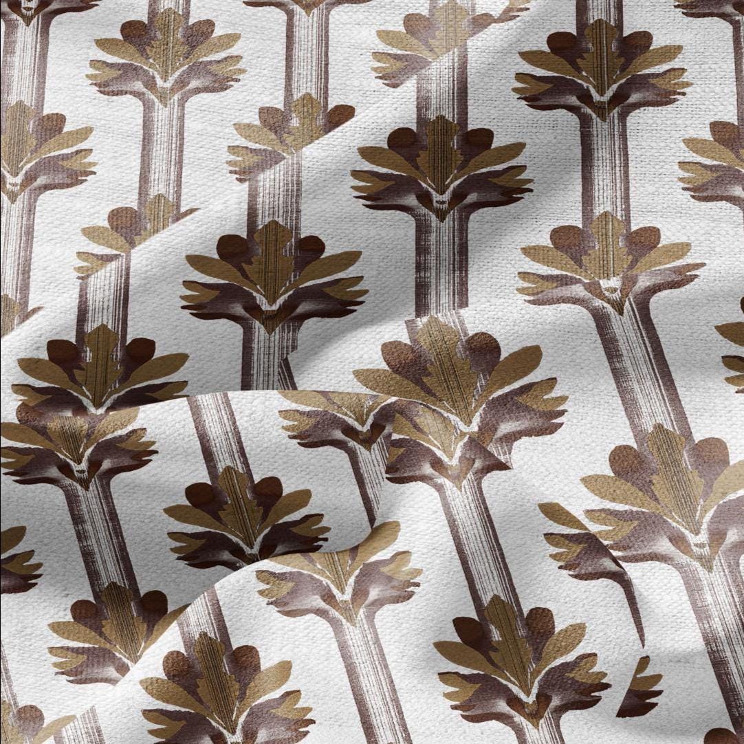 100% LINEN Fabric Stripe floral brown print  - floral upholstery home textile artisan fabric brown white 3136