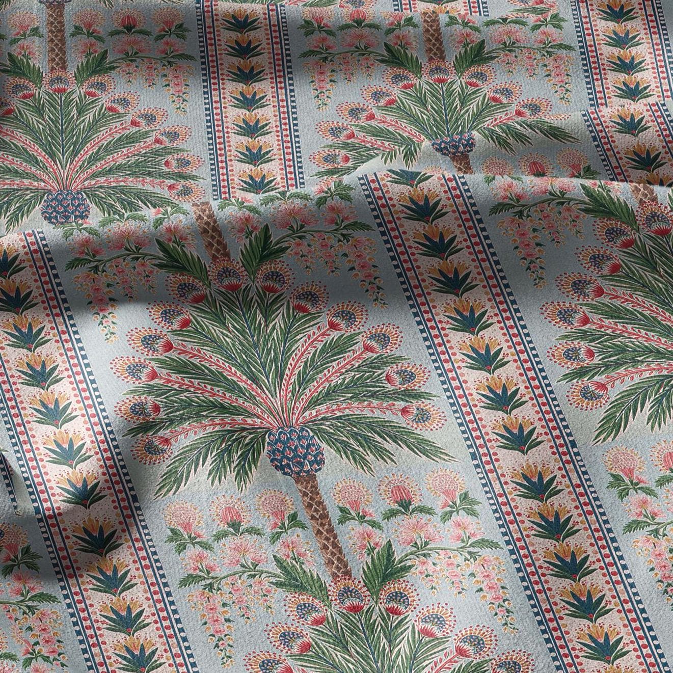100% linen fabric Palm floral print - Vintage pink red green botanical  - modern vintage 3394