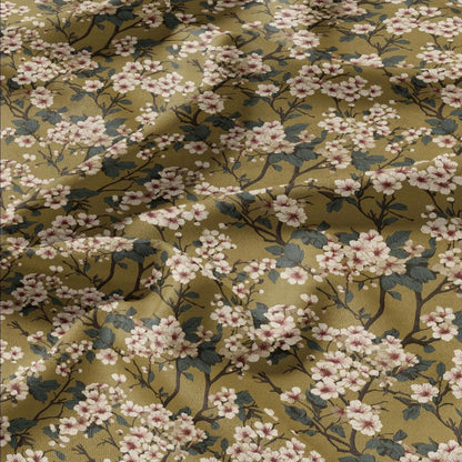 100% LINEN Fabric English flower print - mustard yellow beige floral print on white - heavy linen fabric for upholstery home decor 2612