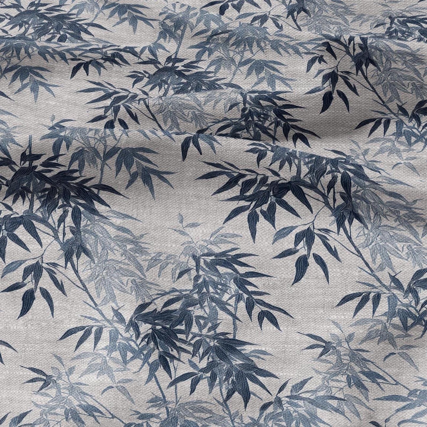 100% LINEN Fabric Bamboo blue print - botanical floral on oatmeal linen - chinoiserie modern vintage 3050