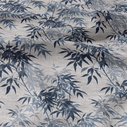 100% LINEN Fabric Bamboo blue print - botanical floral on oatmeal linen - chinoiserie modern vintage 3050