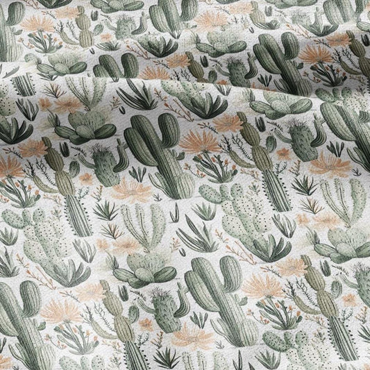 100% LINEN Fabric green Cactus - botanical flax fabric Greenery print upholstery dressmaking clothing - Tropical Desert fabric 2094