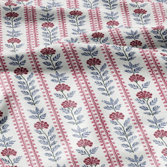 100% LINEN Fabric floral stripe print - red roses vintage modern for upholstery home decor - medium for dress making 3091
