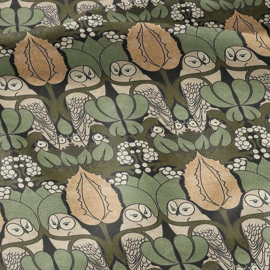 Owl Voysey green print on 100% LINEN - Victorian Art crafts linen Fabric - botanical Historical upholstery home textile