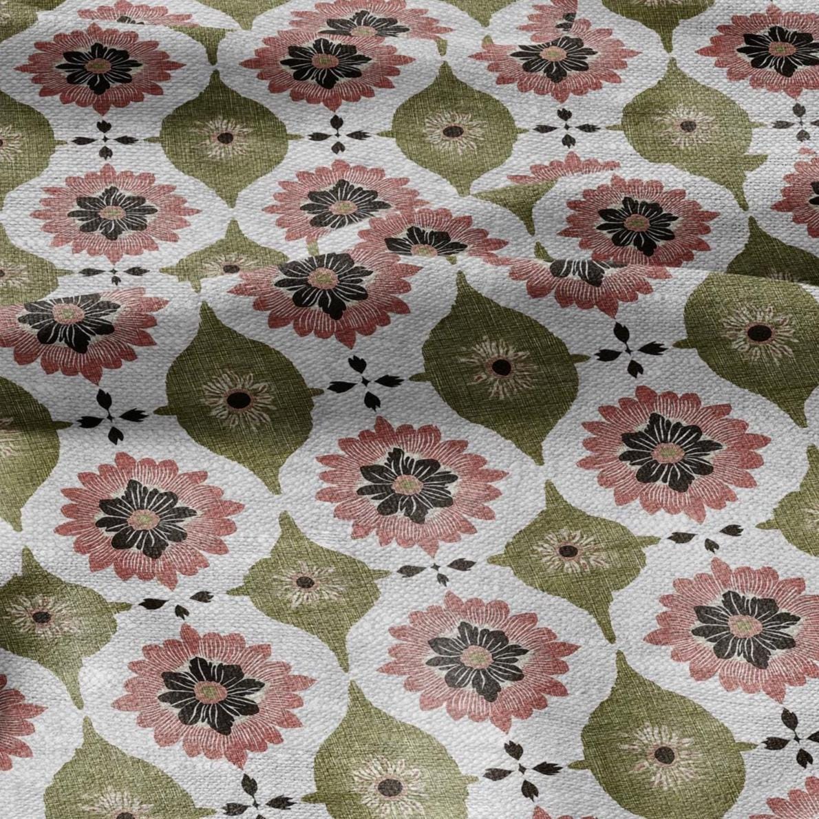 100% LINEN Fabric Retro naive flower print - green pink gray  - for upholstery home decor - medium for dress making 2908