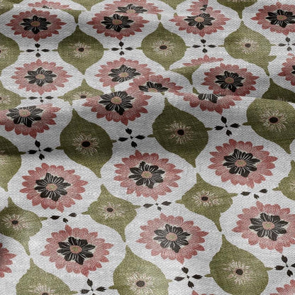 100% LINEN Fabric Retro naive flower print - green pink gray  - for upholstery home decor - medium for dress making 2908